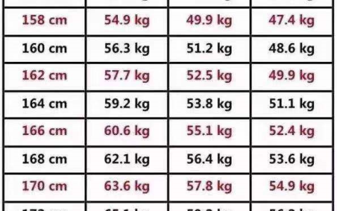 男性体重指数17.3 - 27.3对照表