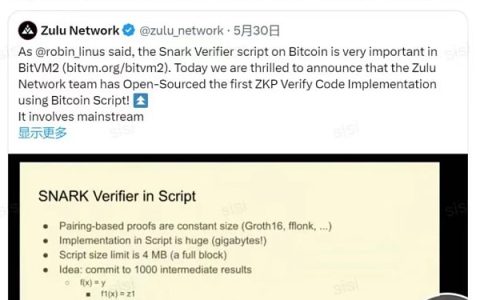 比特币生态里程碑：Zulu 利用Bitcoin Script 实现 ZKP 验证